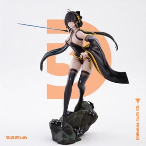 May include: A collectible anime-style figurine of a character with short black hair, wearing a black bodysuit with gold accents, long flowing sleeves, and thigh-high stockings. The character holds a thin blue sword and stands on a dark rock base.