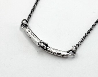 Cherry Blossom Branch Necklace Handmade with Oxidized Sterling Silver