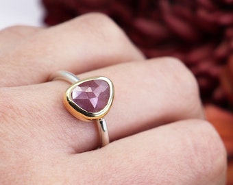 Small Dark Pink Sapphire Ring Handmade with 18k Gold and Sterling Silver