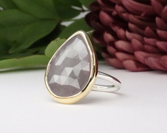 Warm Gray Statement Sapphire Ring Handmade with 18k Gold and Sterling Silver