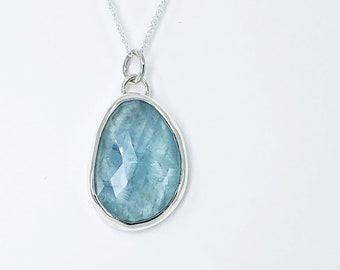 Ethiopian Moonstone Aquamarine Pendant 10 ct Aquamarine Cabochon Necklace Blue Handmade Aquamarine Cab Sterling Silver Schiller Sheen