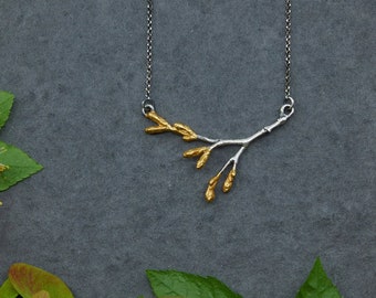 Maple Tree Branch Necklace Handmade with 24k Gold and Sterling Silver