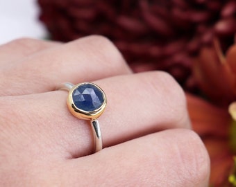 Small Blue Sapphire Ring Handmade with 18k Gold and Sterling Silver