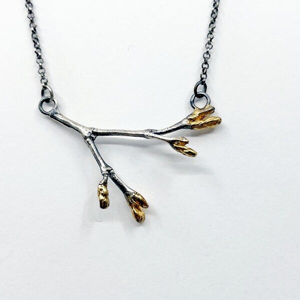 Maple Tree Branch Necklace Handmade with 24k Gold and Sterling Silver