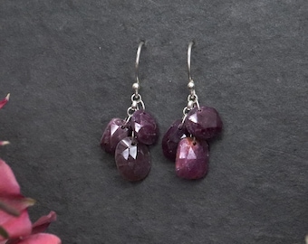 Maroon Sapphire Cascading Earrings - Handmade with Sterling Silver