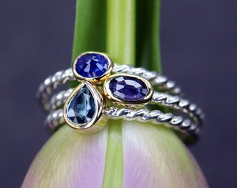Sparkly Sapphire Stacking Rings Handmade with 18k Gold and Sterling Silver