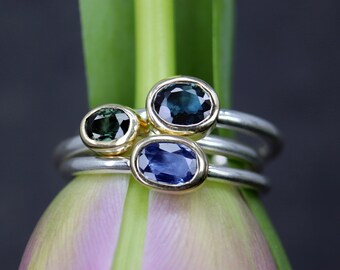 Sparkly Sapphire Stacking Rings Handmade with 18k Gold and Sterling Silver