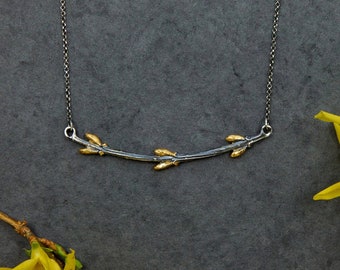 Forsythia Branch Necklace Handmade with 24k Gold and Oxidized Sterling Silver