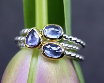 Sparkly Sapphire Stacking Rings Handmade with 18k Gold and Sterling Silver