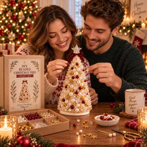 May include: A DIY beaded Christmas tree craft kit featuring a cardboard box with the text DIY BEADED CHRISTMAS TREE CRAFT KIT, a cone-shaped tree decorated with white, gold, and red beads, a star topper, and a dark red velvet ribbon bow.