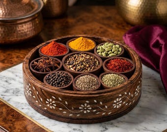 Traditional Indian Wooden Masala Box with small 9 removable compartments , Floral Carved Spice Organizer (9.5" Diameter)