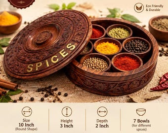 Handgefertigte Gewürzbox aus Holz mit 7 Schalen, indische Masala Dabba, runder Gewürzorganizer, Küchenaufbewahrung, traditionelle Gewürzbox aus Holz