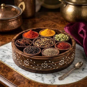 Traditionelle indische Masala-Box aus Holz, Gewürzorganizer mit floralen Schnitzereien (9,5 Zoll Durchmesser)