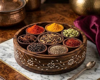 Traditional Indian Wooden Masala Box, Floral Carved Spice Organizer (9.5" Diameter)