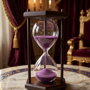 Peut inclure: Un sablier avec un cadre en bois brun foncé et une base ainsi qu'un sommet hexagonaux. Les bulbes en verre transparent contiennent du sable fin violet, dont une partie s'écoule actuellement par le col étroit vers le bulbe inférieur.
