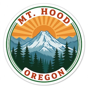 May include: A circular sticker featuring a graphic illustration of Mt. Hood in Oregon. The design displays a snow-capped mountain peak, a dense forest of dark green pine trees, and a bright orange sunburst sky. The text MT. HOOD and OREGON are printed.