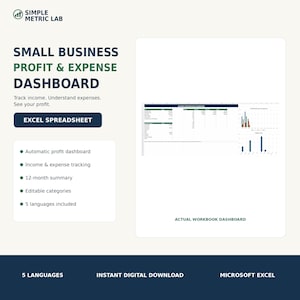 May include: A digital business profit and expense dashboard Excel spreadsheet by Simple Metric Lab. The layout includes text, bullet points, and a visual preview of a workbook dashboard with charts and tables for tracking income and expenses.