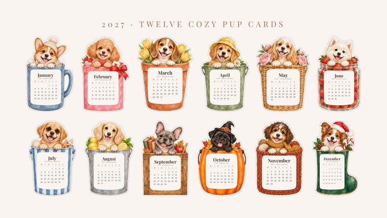 2027 Dog Desk Calendar, Printable Cozy Watercolor Dog Cut-Out Cards with Stand image 3