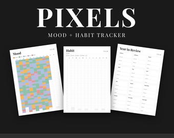 Year in Pixels Printable, Yearly Mood + Habit Tracker Bundle, Sleep, Reading, Undated