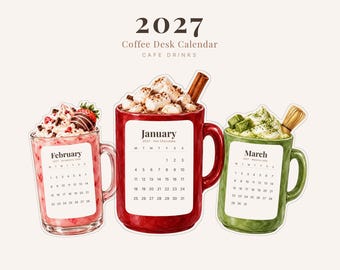 2027 Coffee Desk Calendar, Printable Cafe Drink Cut-Out Cards with Stand