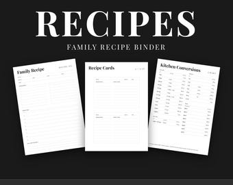 Family Recipe Binder Printable, Recipe Book Kit, 4x6 Recipe Cards, Dividers, Undated