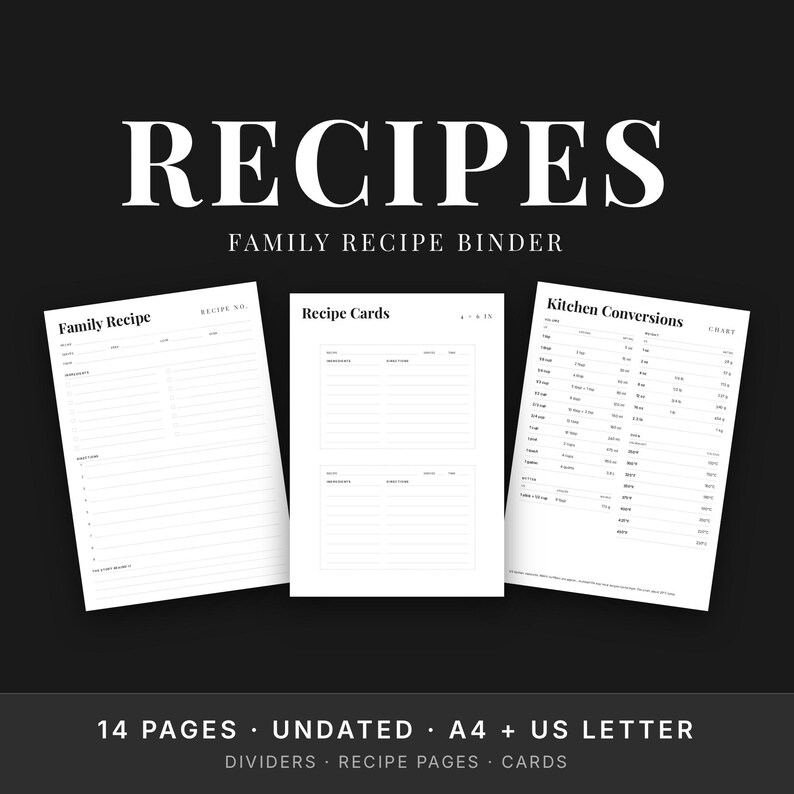 Family Recipe Binder Printable, Recipe Book Kit, 4x6 Recipe Cards, Dividers, Undated image 1