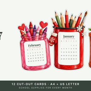 2027 Teacher Desk Calendar, Printable Watercolor Classroom Cut-Out Cards with Stand image 2