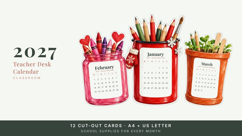 2027 Teacher Desk Calendar, Printable Watercolor Classroom Cut-Out Cards with Stand image 2