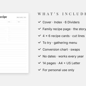 Family Recipe Binder Printable, Recipe Book Kit, 4x6 Recipe Cards, Dividers, Undated image 3