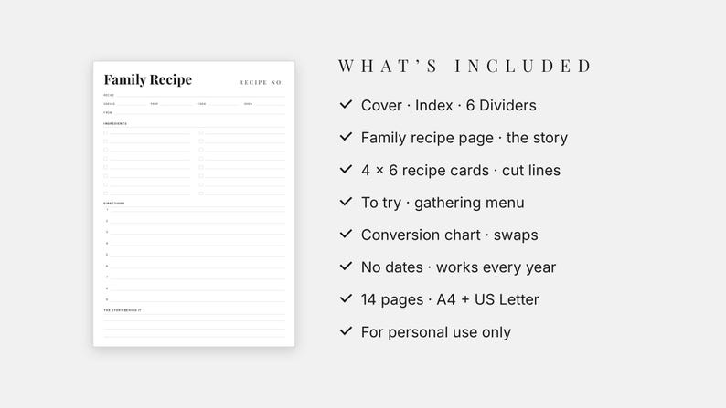 Family Recipe Binder Printable, Recipe Book Kit, 4x6 Recipe Cards, Dividers, Undated image 3
