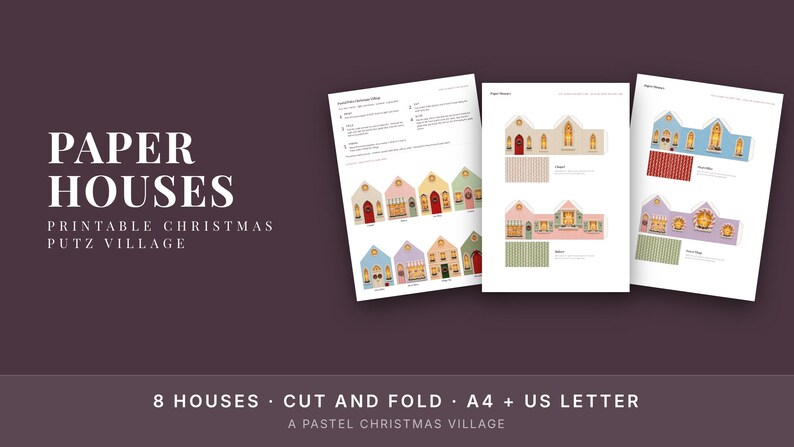 Christmas Village Printable Paper Houses, Pastel Putz House Template, 3D Paper Craft image 2