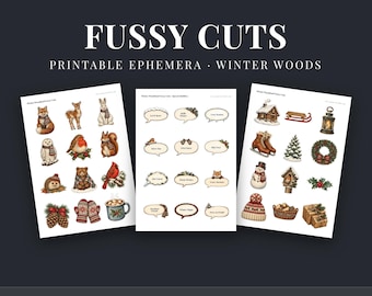 Winter Woodland Fussy Cuts Printable, Junk Journal Ephemera, Vintage Cut Outs and Labels