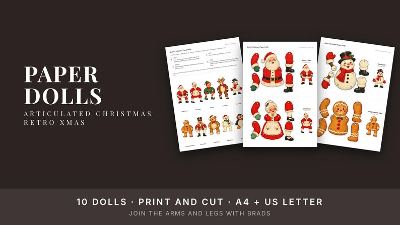 Christmas Paper Dolls Printable, 10 Articulated Retro Santa Puppets, Kids Christmas Craft image 2