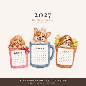 2027 Dog Desk Calendar, Printable Cozy Watercolor Dog Cut-Out Cards with Stand image 1