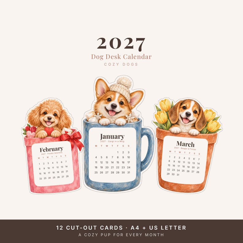 2027 Dog Desk Calendar, Printable Cozy Watercolor Dog Cut-Out Cards with Stand image 1