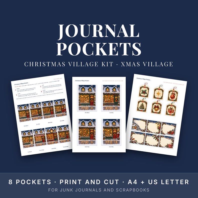 Christmas Junk Journal Pockets Printable, Village Shop Fronts, Interactive Ephemera Kit image 1