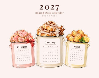 Bakkalender voor op je bureau voor 2027, printbare, gezellige aquarel bakkaarten met standaard.