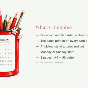 2027 Teacher Desk Calendar, Printable Watercolor Classroom Cut-Out Cards with Stand image 4