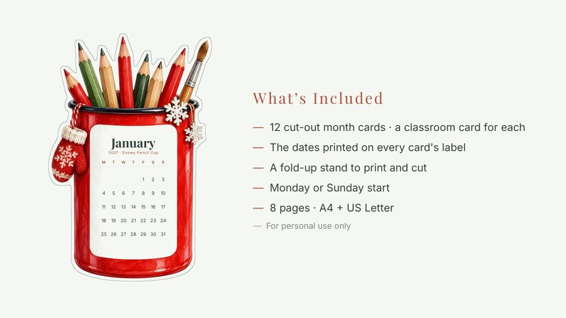 2027 Teacher Desk Calendar, Printable Watercolor Classroom Cut-Out Cards with Stand image 4