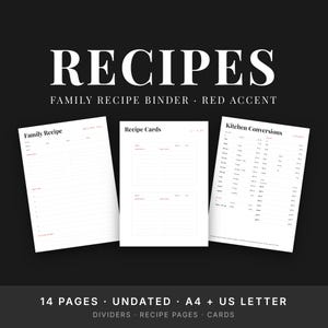 Red Family Recipe Binder Printable, Recipe Book Kit, 4x6 Recipe Cards, Dividers, Undated image 1