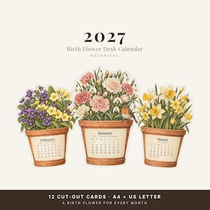 Skrivbordskalender med blommor för födelsen 2027, utskrivbara vintage botaniska utklippskort med stativ