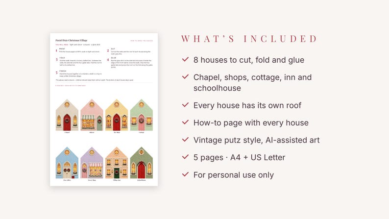 Christmas Village Printable Paper Houses, Pastel Putz House Template, 3D Paper Craft image 3