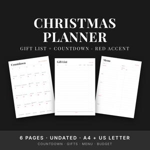 Red Christmas Planner Printable, Gift List, Budget, Menu + December Countdown