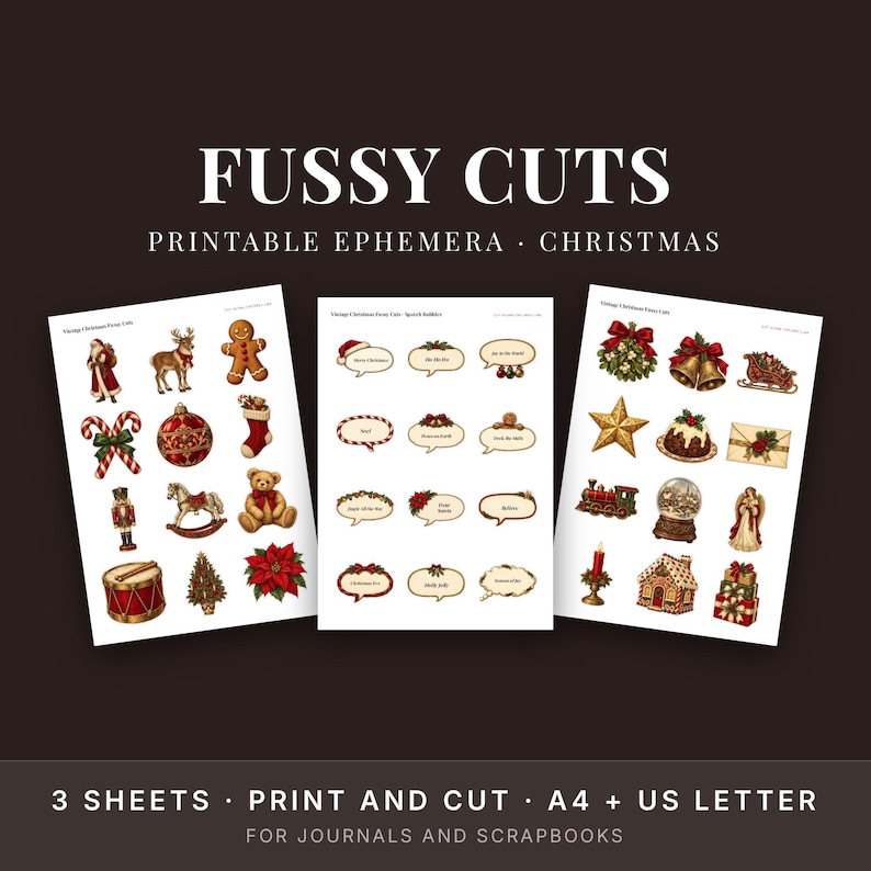 Vintage Christmas Fussy Cuts Printable, Junk Journal Ephemera, Cut Outs and Labels image 1
