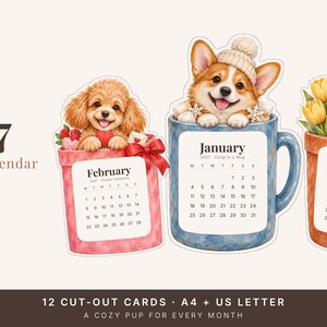 2027 Dog Desk Calendar, Printable Cozy Watercolor Dog Cut-Out Cards with Stand image 2