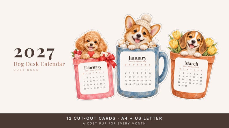2027 Dog Desk Calendar, Printable Cozy Watercolor Dog Cut-Out Cards with Stand image 2