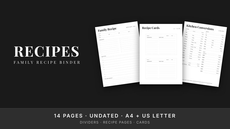 Family Recipe Binder Printable, Recipe Book Kit, 4x6 Recipe Cards, Dividers, Undated image 2