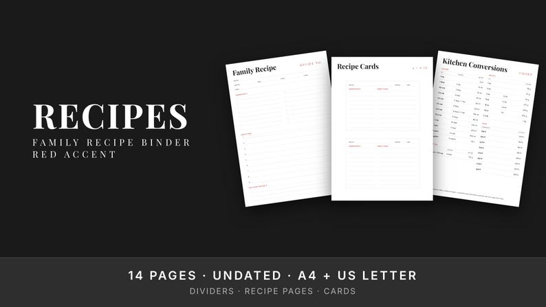 Red Family Recipe Binder Printable, Recipe Book Kit, 4x6 Recipe Cards, Dividers, Undated image 2