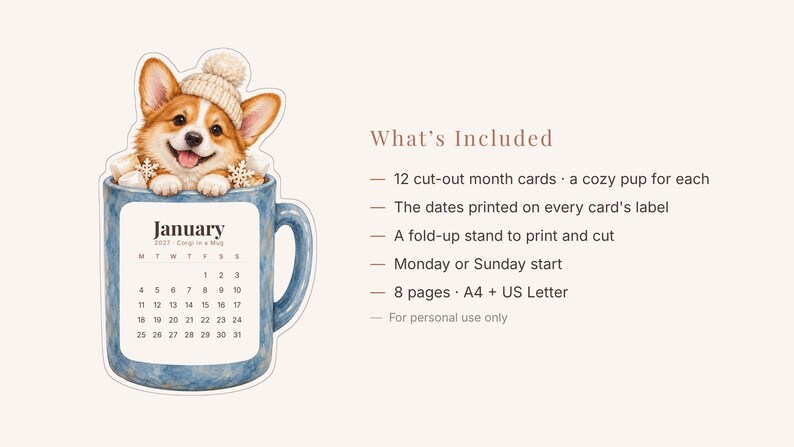 2027 Dog Desk Calendar, Printable Cozy Watercolor Dog Cut-Out Cards with Stand image 4