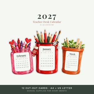 2027 Teacher Desk Calendar, Printable Watercolor Classroom Cut-Out Cards with Stand image 1